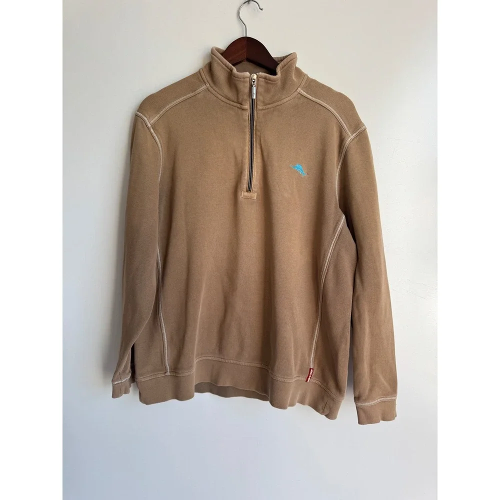 Tommy Bahama Relax Mens Large Tan Khaki 100 Cotton 1/4 Zip Pullover Sweater